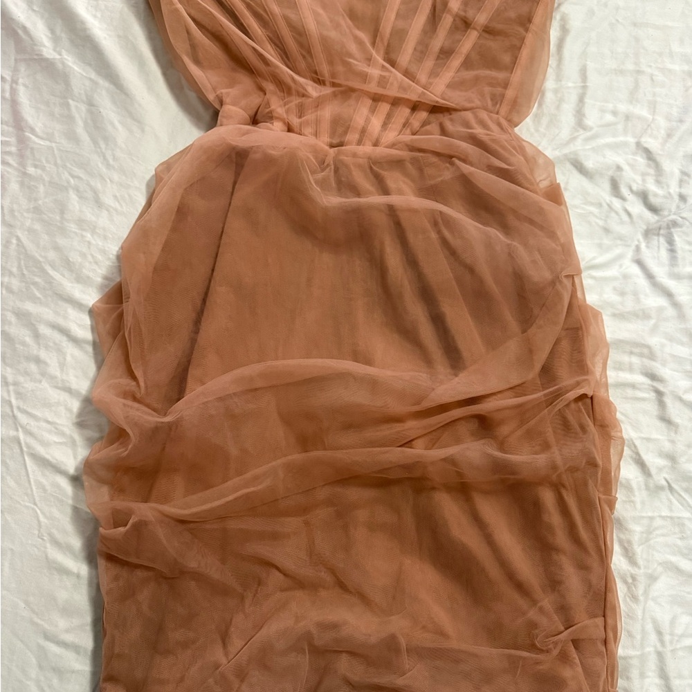 House of CB Brown Ruched Sweetheart Sheath Mini Dress